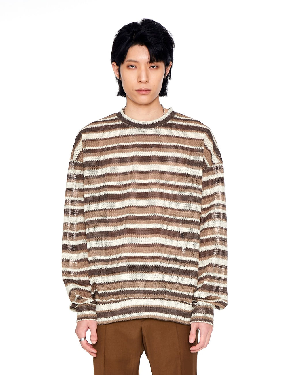 KNITTED STRIPE LONG SLEEVE_IVORY&amp;BROWN
