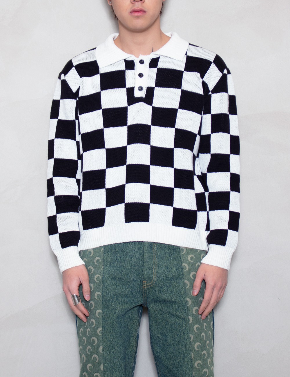 KNITTED OVERSIZED POLO IN BLACK&amp;WHITE CHECKERS