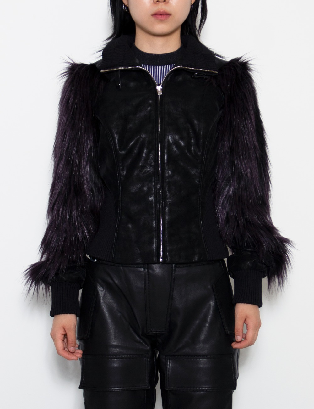 FADED FAUX LEATHER JACKET WITH FUR SLEEVES_BLACK
