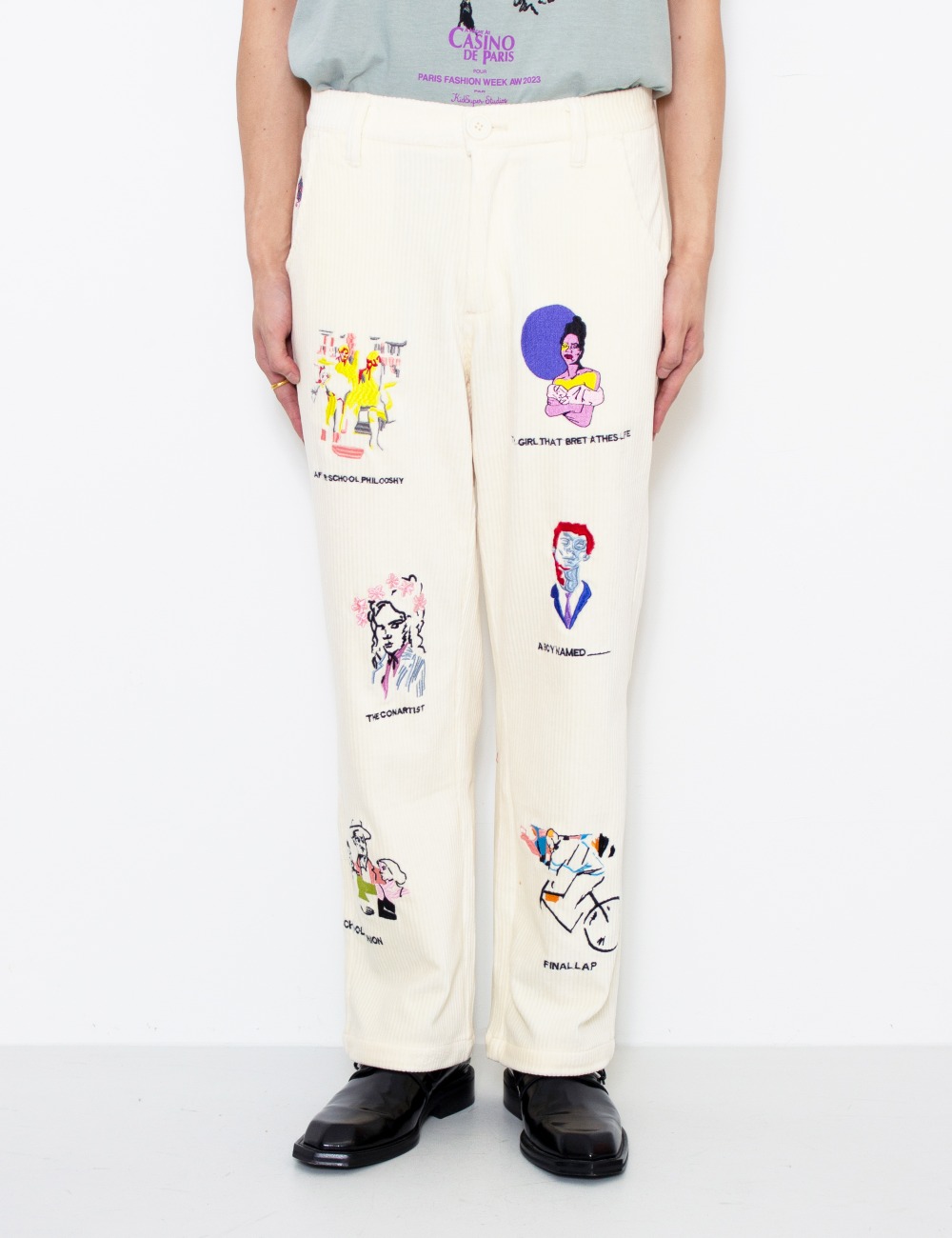 KIDSUPER MUSEUM EMBROIDERED CORD PANTS_CREAM